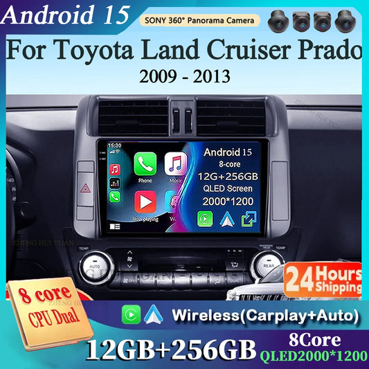Android 15 Car Radio for Toyota Land Cruiser Prado 150 2009-2013 with GPS Navigation QLED Carplay Auto Multimedia Stereo BT