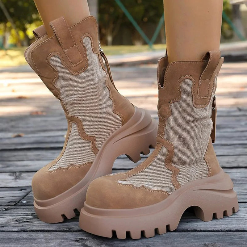 Retro Zipper Up Black Khaki Women's Boots Autumn Winter High Heel Platform Ankle Boots Woman Anti Slip Wedges Botas Mujer