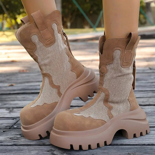 Retro Zipper Up Black Khaki Women's Boots Autumn Winter High Heel Platform Ankle Boots Woman Anti Slip Wedges Botas Mujer
