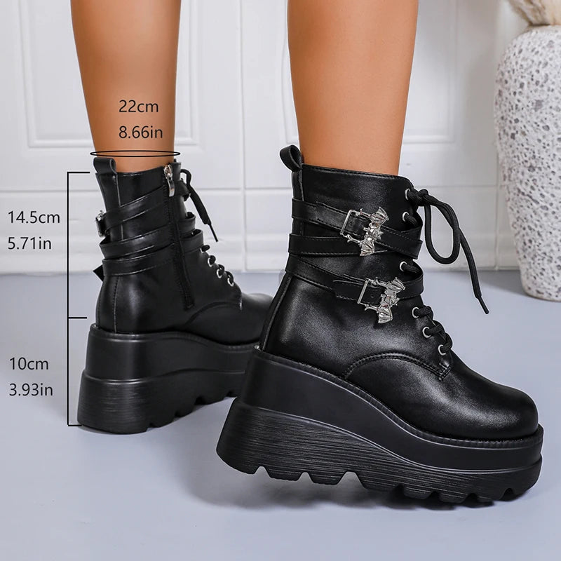 Chunky Wedges Punk Ankle Boots Women Fashion Super High Heels Motorcycle Boots Woman Lace Up Thick Bottom Black Gothic Shoes