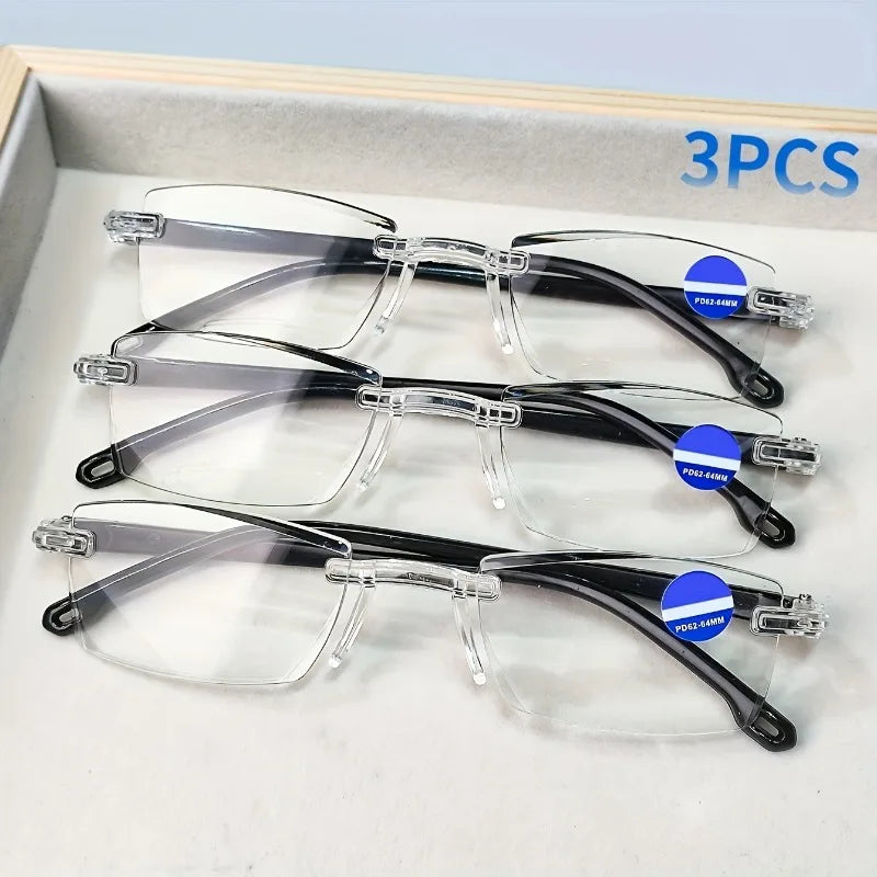 3-piece set of men's and women's presbyopia glasses - stylish frameless rectangular frame, prescription+1.0 to+4.0