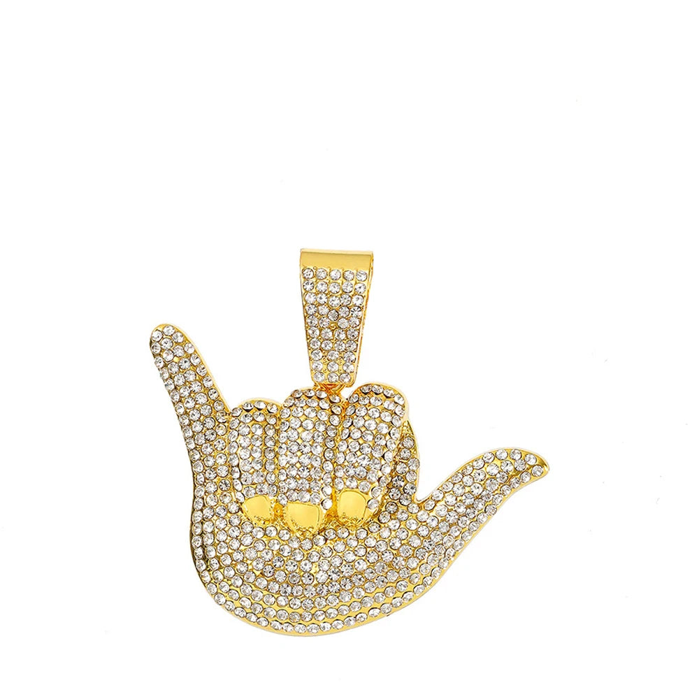 Hip Hop Number 6 Gestures Pendants Necklaces With 15mm Cuban Chain Fashion Bling Crystal Personality Cool Jewelry For Men Women
