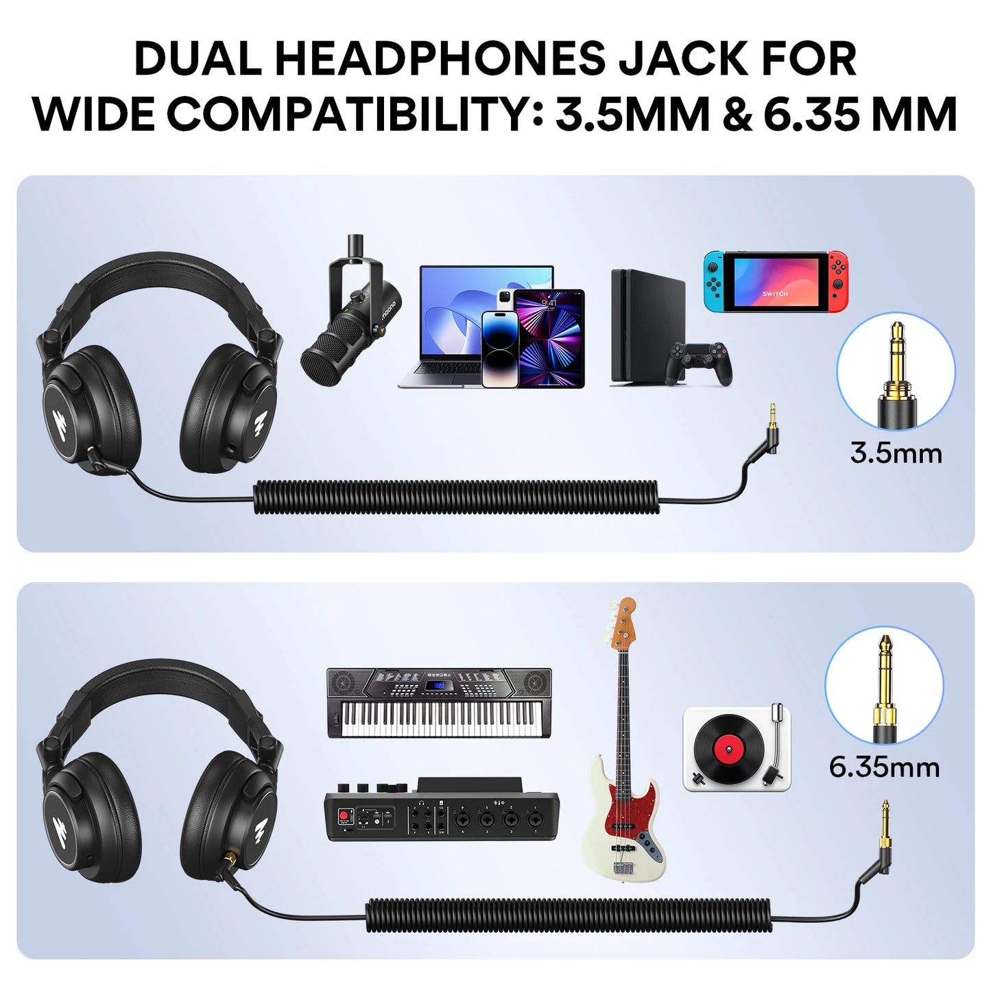 MAONO MH601 Studio Monitor Headphones with Detachable Plug & Cable 50mm Driver Wired Headset Over-Ear Headphones for DJ Studio