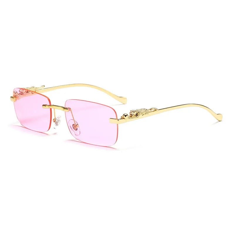 Rimless Square Fashion Fashion Glasses with Leopard Print Accents, Golden - Tone Metal Frame, Gradient Lenses