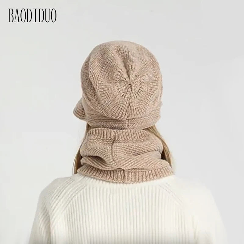 Xinbaoguan 100% Acrylic 8416 Winter Warm and Fleece Cold Protection Set for Women with brimmed Ear Protection Knitted Wool Hat