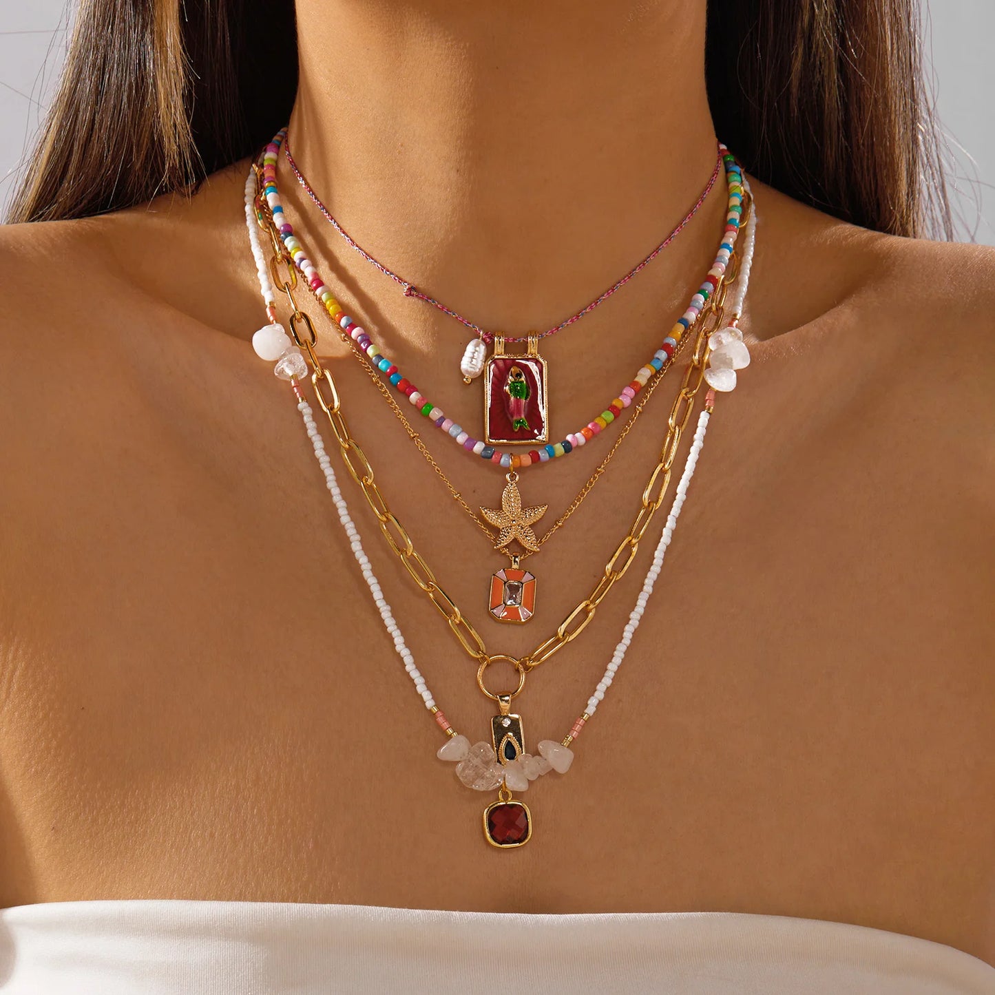 Vacation Mix Match 5Pcs Layered Necklace Set For Women Starfish Enamel Fish Beaded Adjustable Beachwear Jewelry