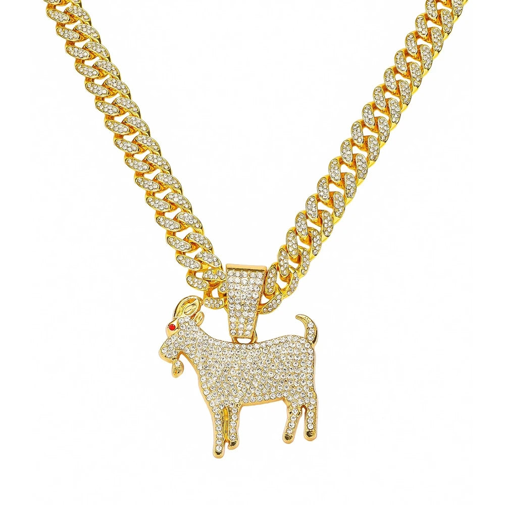 Men Hip Hop Fashion Full Rhinestone Animal Goat Pendant Necklace with 13mm Miami Cuban Chain Necklaces Rapper Rock Jewelry Gift