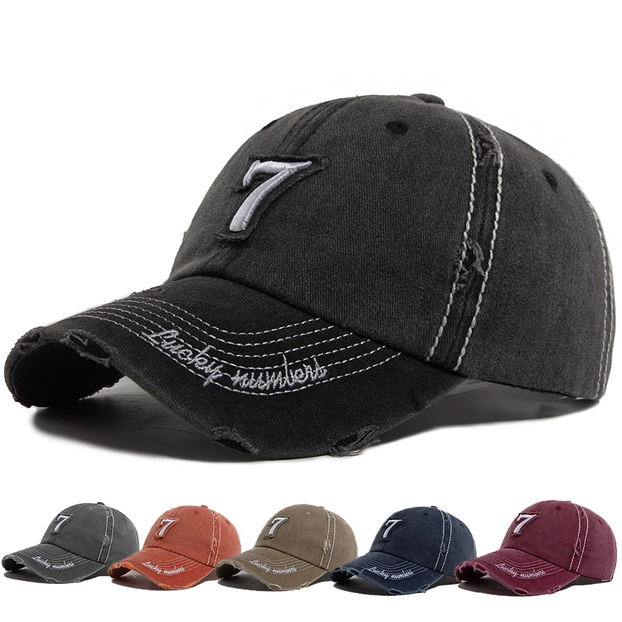 Men‘s Baseball Cap White Line 7 Embroidered Patch Women Hat Summer Vintage Break Hole Visor Casual Caps Fashion Hats For Unisex