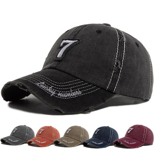 Men‘s Baseball Cap White Line 7 Embroidered Patch Women Hat Summer Vintage Break Hole Visor Casual Caps Fashion Hats For Unisex
