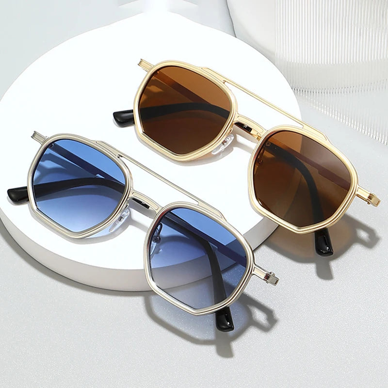 JNPCXI New Retro Double Bridges Men Polygon Small Square Sunglasses Fashion Clear Ocean Gradient Lens Eyewear Women Metal Frame