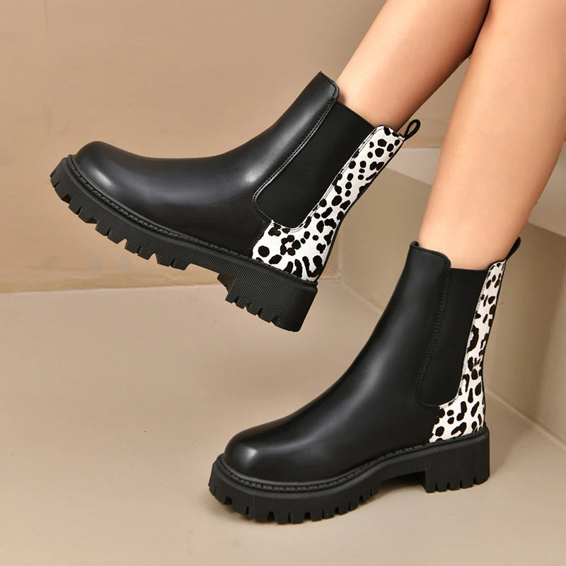 Fashion Leopard Print Platform Chelsea Boots Women Slip On Plus Size Thick Sole Ankle Boots Woman Pu Leather Short Booties Mujer