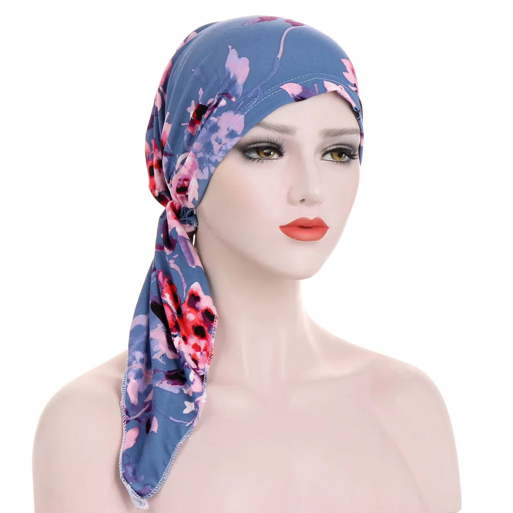 Trendy Print Women Muslim Hijab Caps Wrap Head Soft Elastic Long Tail Turban Bonnet Fashion Headdress Wearable