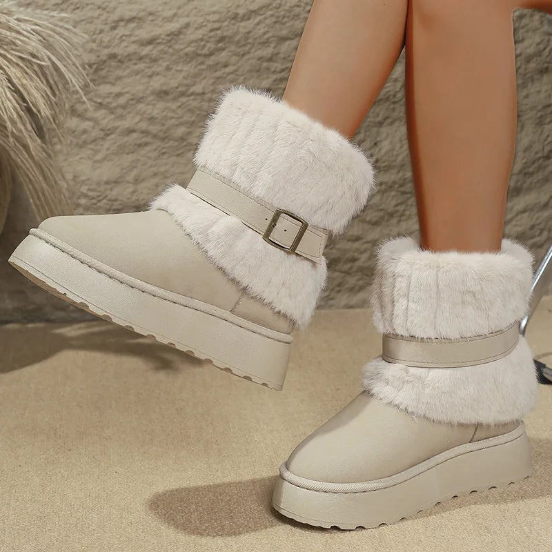 Fashion Buckle Fluffy Fur Boots Women Comfortable Winter Slip On Platform Snow Boots Woman Thick Sole Furry Ankle Botas Mujer