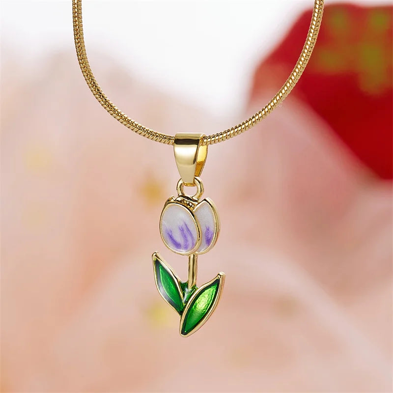 Vintage Elegant Tulip Flower Pendant Necklace for Women Fashion Aesthetic Flowers Clavicle Chain Choker Wedding Party Jewelry