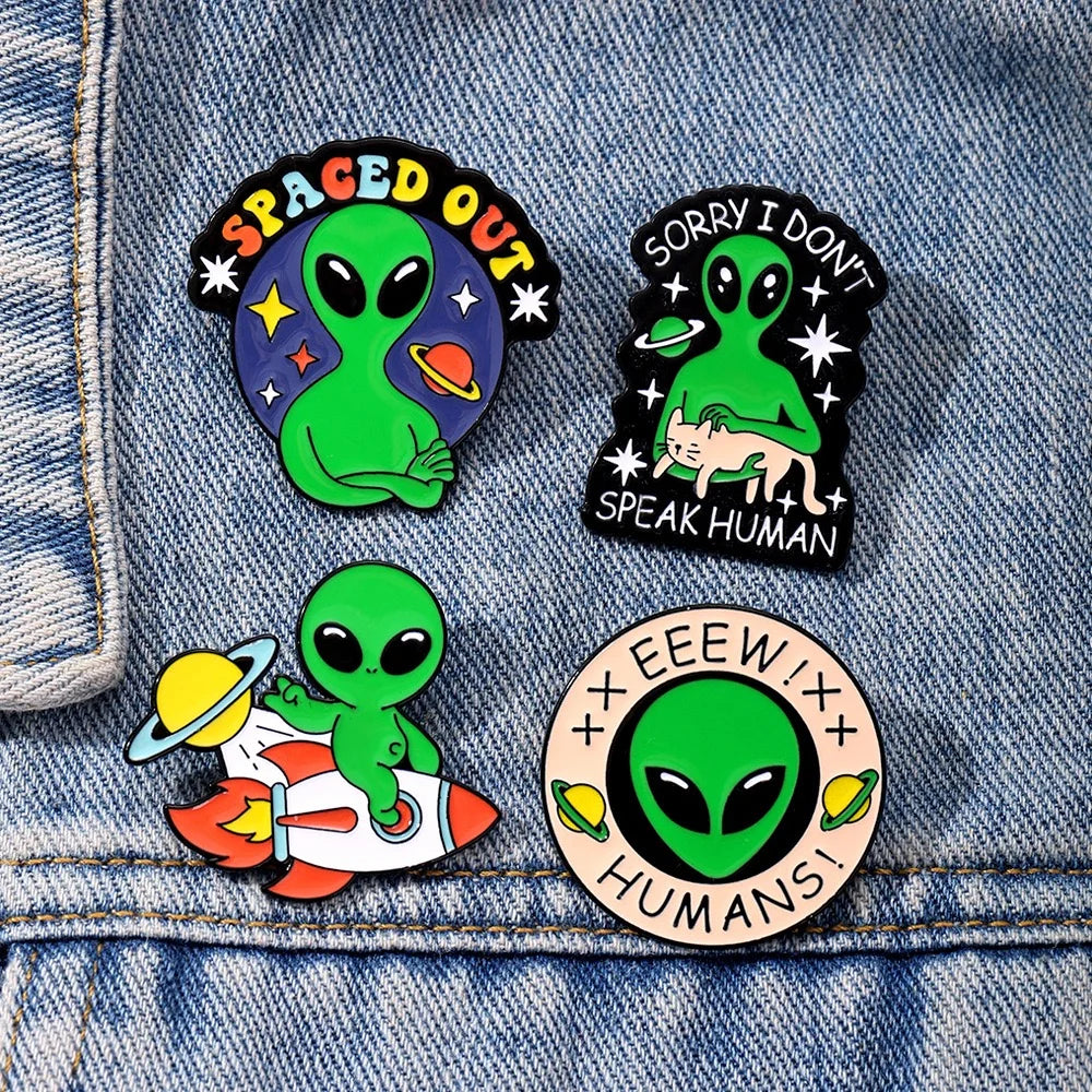 4PCS ET Alien Enamel Pin UFO We Come To Party Save A Horse Ride A Cow Funny Cowboy Western Brooches Lapel Backpack Badge Jewelry