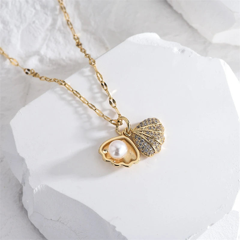 Stainless Steel Shell Pearl Pendant Necklace for Women 2025 Trend Luxury Crystal Zircon Necklaces Fashion Jewelry Birthday Gift