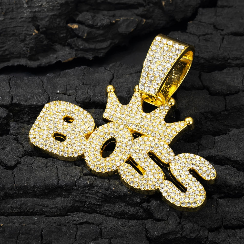 Men's Cool Hip-hop Rhinestone Letter BOSS Pendant Necklace, For Men Fashion Iced Out Bling Zircon Cuban Thick Chain Punk Jewelry