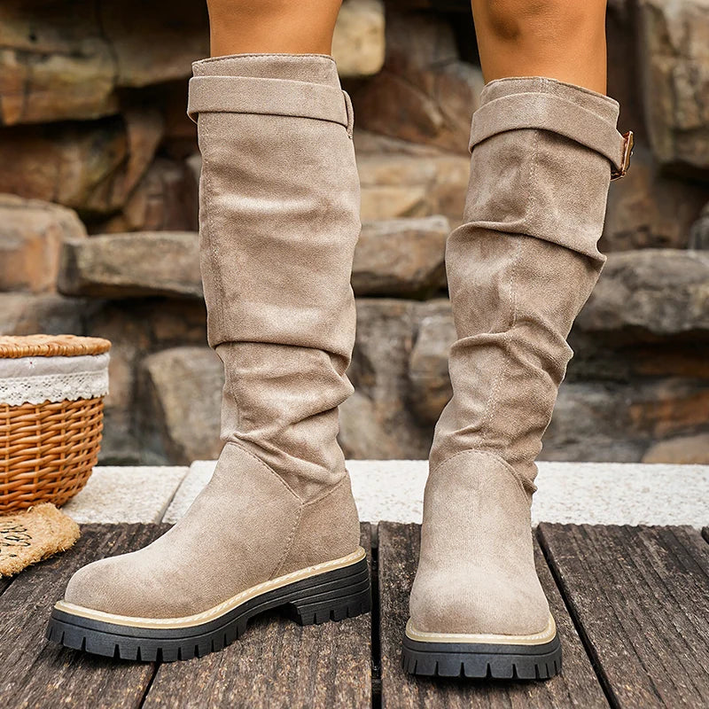 Buckle Decor Black Flock Knee High Boots Women Plus Size 43 Slip On Platform Long Boots Woman Autumn Winter Thick Sole Botas