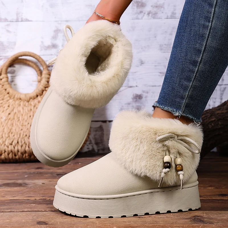 Thick Platform Faux Fur Snow Boots Women Bow Thicken Plush Winter Ankle Boots Woman Plus Size 43 Non Slip Warm Cotton Shoes