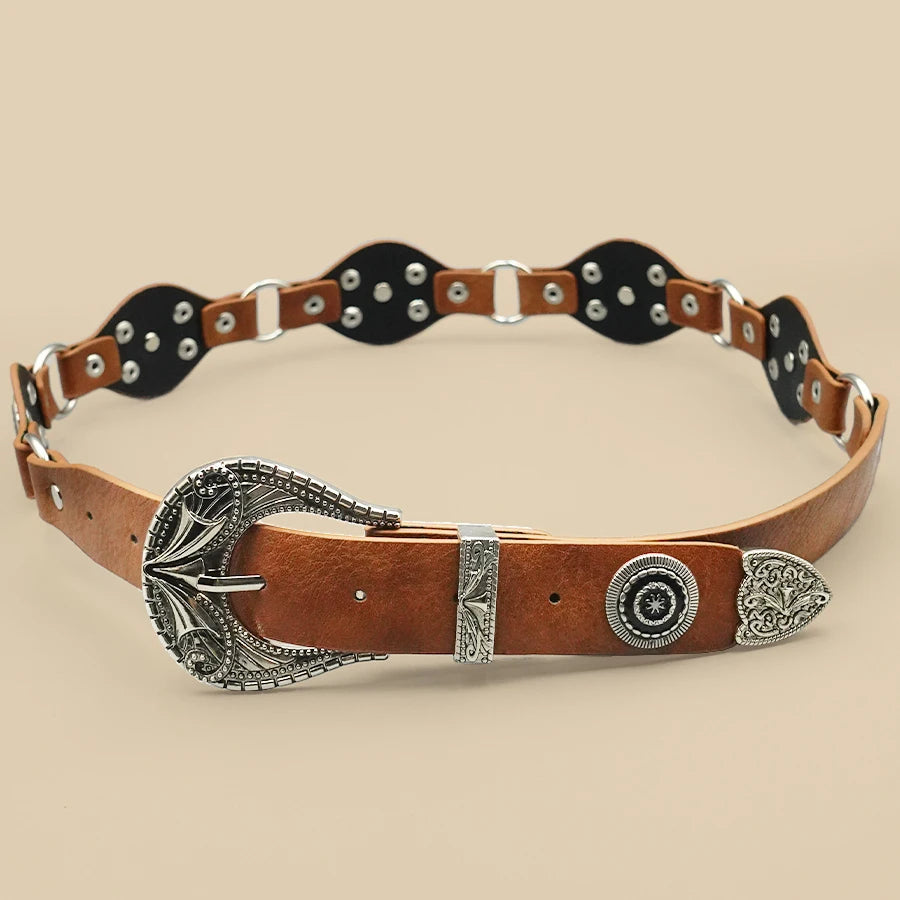 Brown Bohemian Vintage Women's Belt - Carved Rivet Design, Versatile for Daily, Date & Casual Wear
