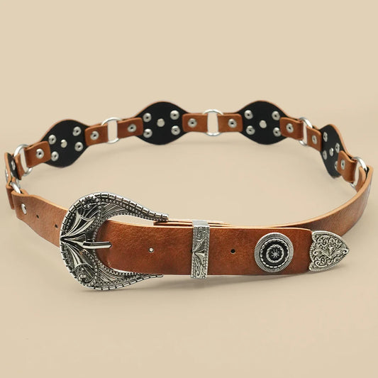 Brown Bohemian Vintage Women's Belt - Carved Rivet Design, Versatile for Daily, Date & Casual Wear