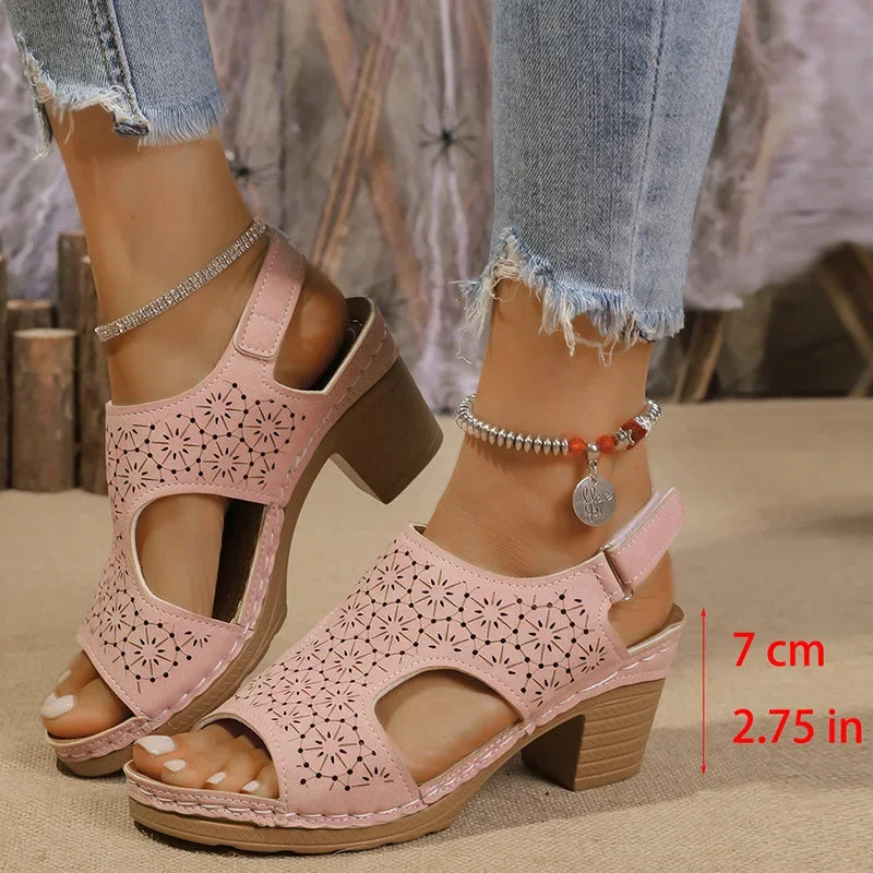 Hollow Out Women's High Heels Sandals Summer Hook Loop Thick Heeled Platform Sandles Casual Anti-Slip Beach Sandals Plus Size