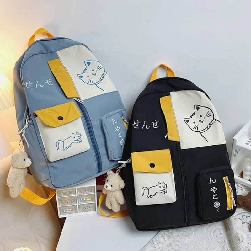 Korean Cute Cartoon Cat Women's Backpack Junior High School Students Schoolbag Large Capacity Nylon Waterproof Travel Backpack