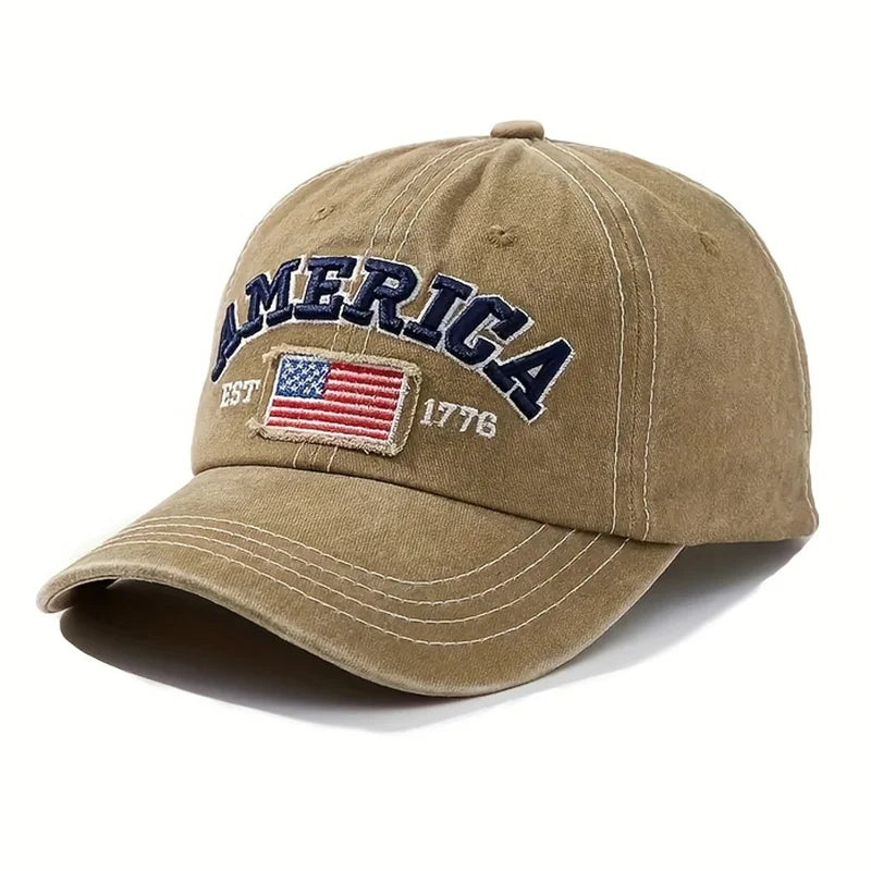 Vintage USA Flag Embroidered Baseball Cap - Bold Letter Distressed Wash Sun Hats