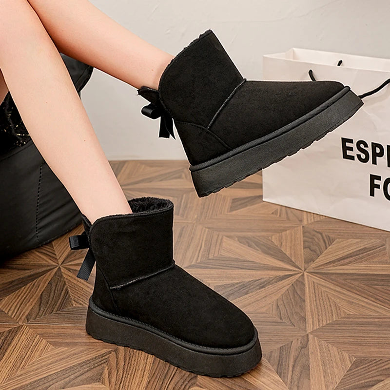 Faux Suede Platform Snow Boots Women Slip On Warm Thicken Plush Winter Boots Woman Cute Bowk Decor Non Slip Cotton Shoes Female