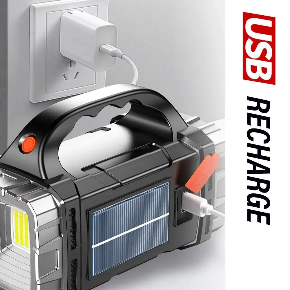 Powerful LED Flashlight, USB/Solar Rechargeable, COB Camping Torch & Power Bank