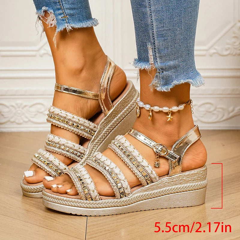 Luxury Golden Wedges Heel Sandals Women Gold Rivets Chunky Platform Sandles Woman Fashion Woven Thick Bottom Gladiator Sandals