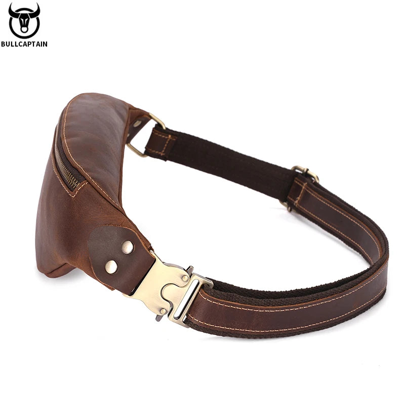 BULLCAPTAIN Men's Crazy Horse Leather Belt Bag Classic Retro Crossbody Bag Outdoor Storage Mountaineering Mobile Phone Bag