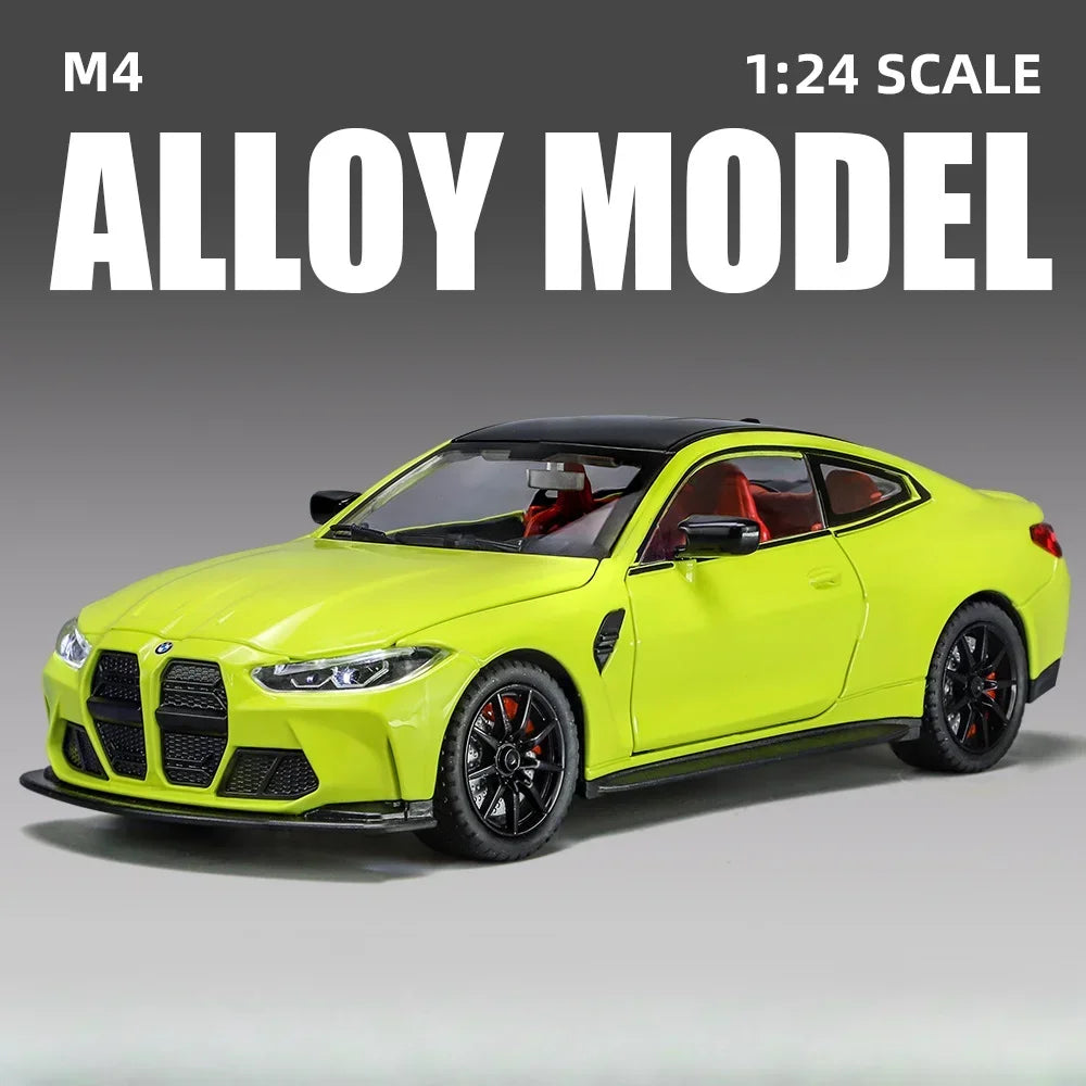 Scale 1/24 M4 Car Model Toy Diecast Alloy Vehicle 4 Doors Opened Metal Body Rubber Tire Sound Light Pull Back Toys Gift for Kids