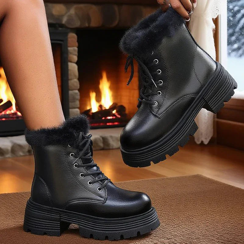 Plus Size 42 Chunky Platform Women's Winter Boots Lace Up Warm Thicken Plush Ankle Boots for Women Thick Sole Fur Botas Mujer
