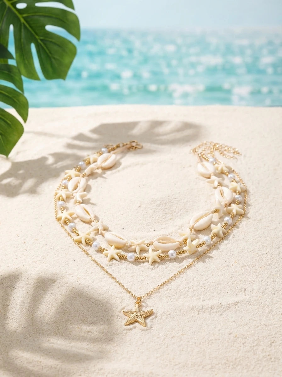 3Pcs Ocean Starfish Shell Conch Seed Bead Choker Layered Summer Beach Vacation Necklace Set