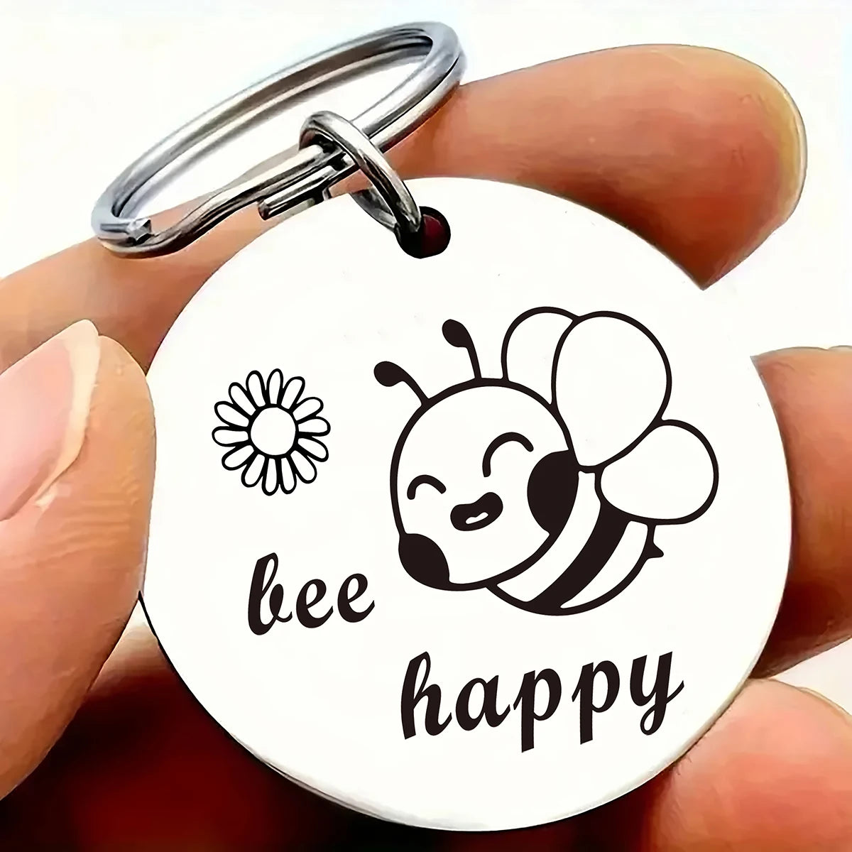 1Pc Happy Bee Keychain – Cute Smiling Bee and Flower Design, Round Metal Key Ring with Durable Clasp, Ideal as a Holiday Gift