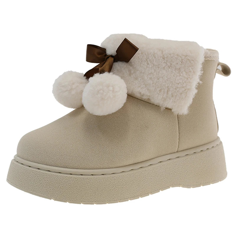Cute Ball Platform Snow Boots for Women Comfort Thick Bottom Non Slip Fluffy Ankle Boots Woman Slip On Plush Warm Cotton Shoes
