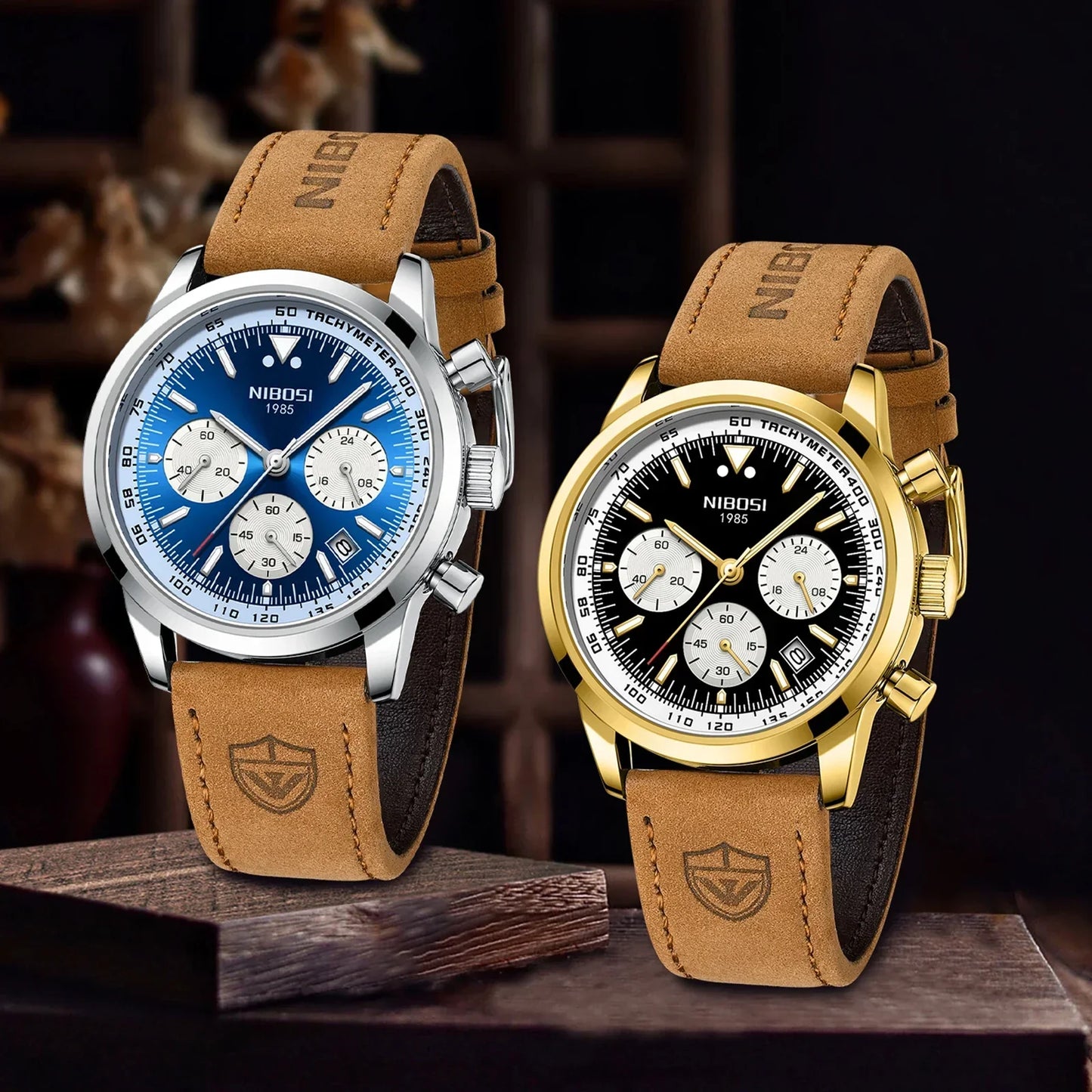 NIBOSI Men Watch Luxury Sports Waterproof Leather Clock Chronograph Watches 3
