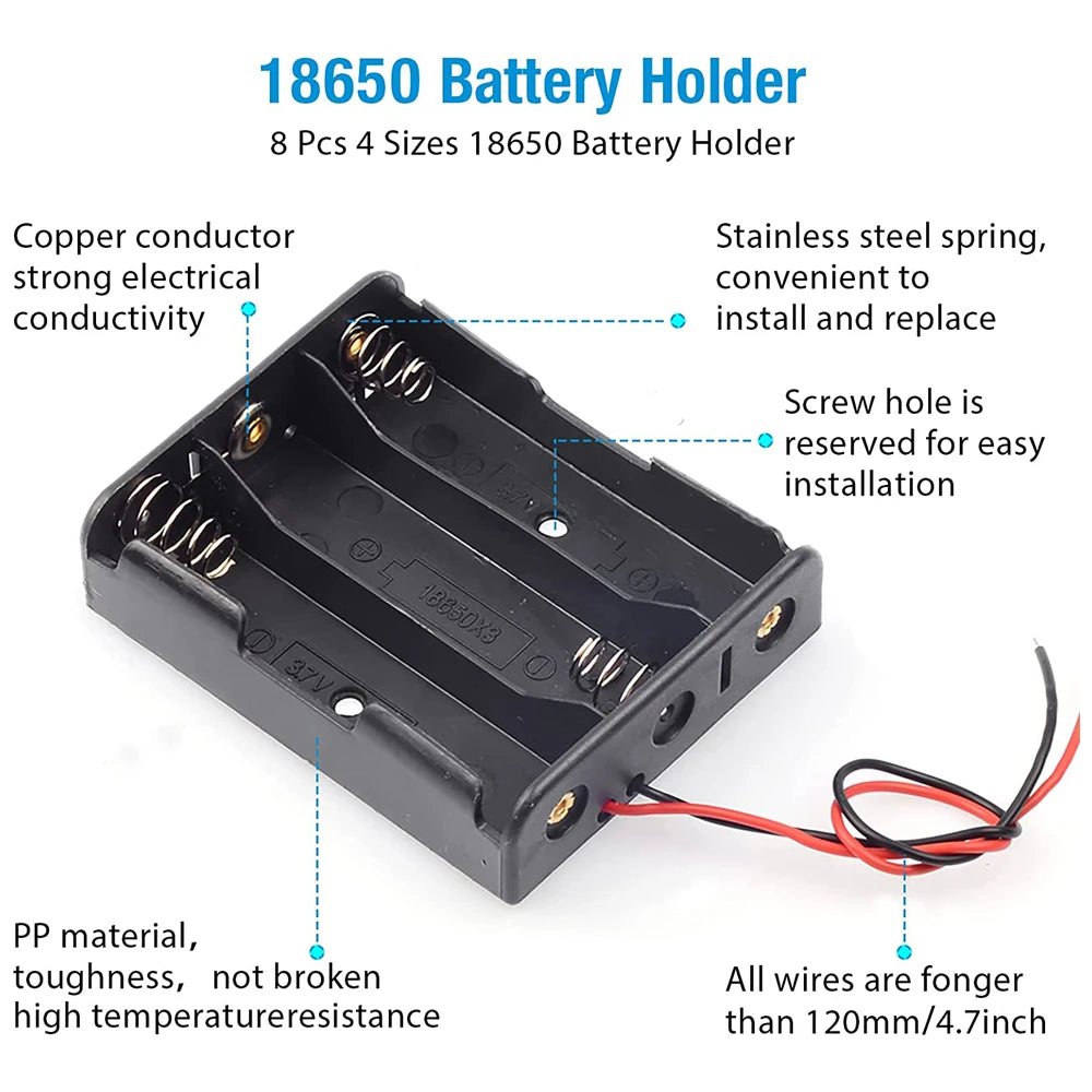 3pcs 18650 Battery Holder with Wire 3.7V,7.4V, 11.1V, 14.8V 18650 Battery Holder Box for Battery storage charging