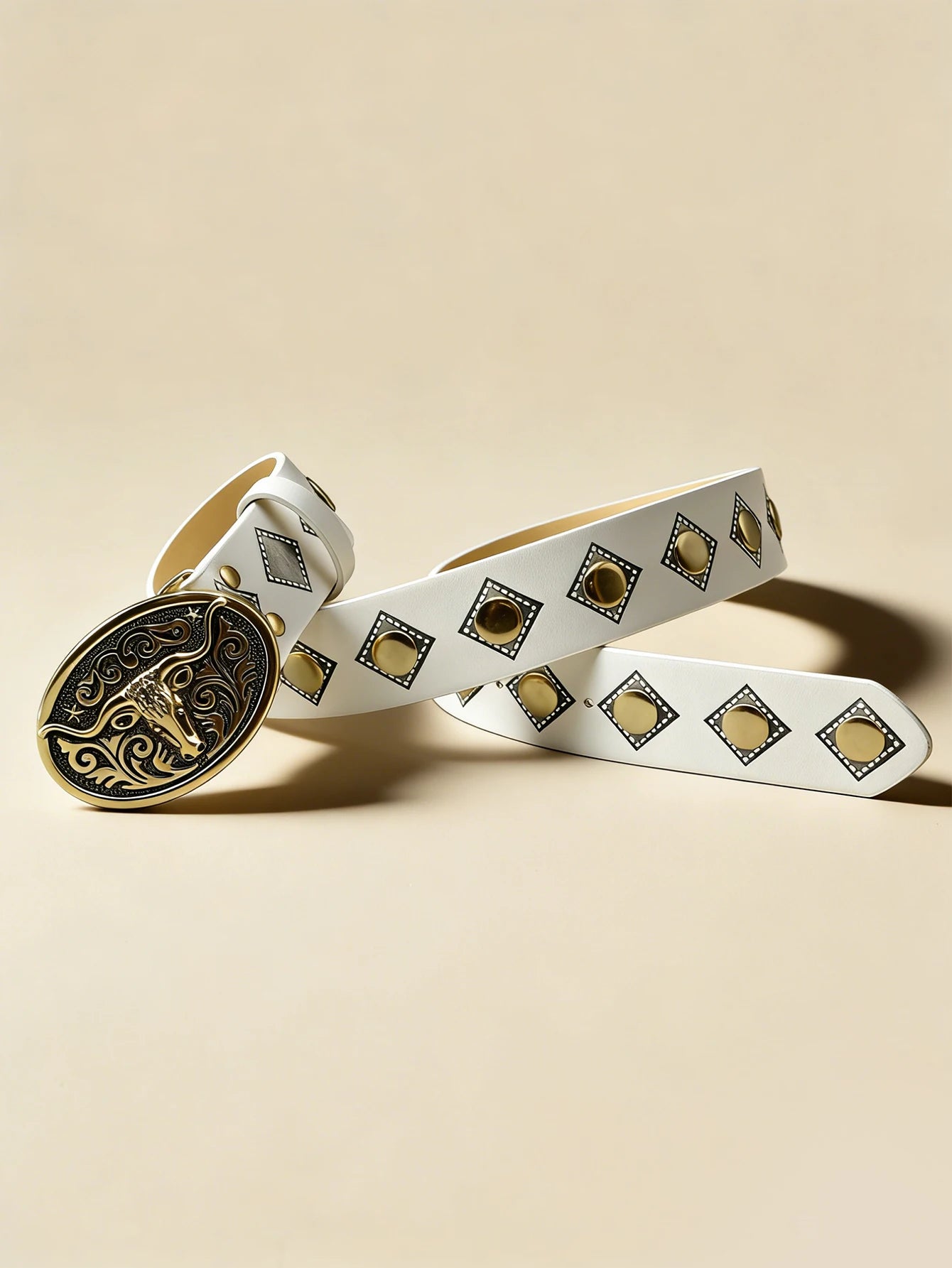 Western Style Bull Head Rivet Belt, White Vintage Engraved Metal Buckle Unisex Waistband