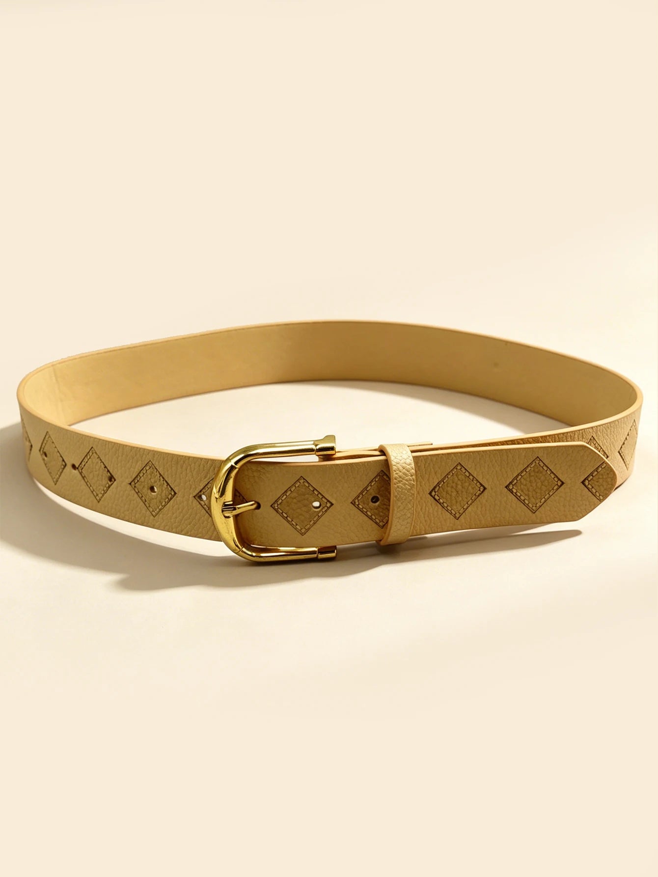 Beige Diamond Embossed Belt, Gold Pin Buckle Minimalist Versatile Women's Casual Waistband