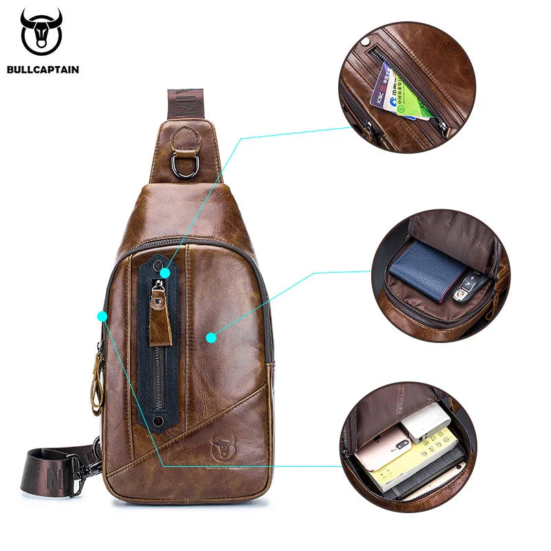 BULLCAPTAIN Leather Fashion Men's Chest Bags Casual Messenger Bag's Multi-Function Mobile Phone Compartment Bages Chest Bag Men
