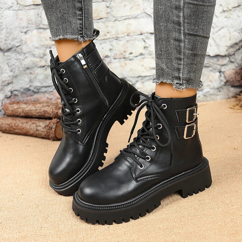 Metal Buckle Platform Motorcycle Boots Woman Plus Size 42 Black Pu Leather Ankle Boots Woman Thick Sole Lace Up Short Booties