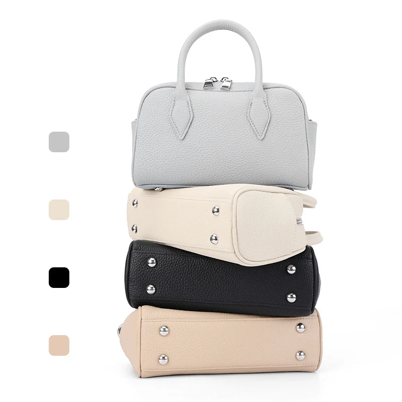 Fashion Women's Genuine Cowhide Leather Mini Boston Handbag Luxury Designer Pebbled Leather Top Handle Crossbody Shoulder Bag