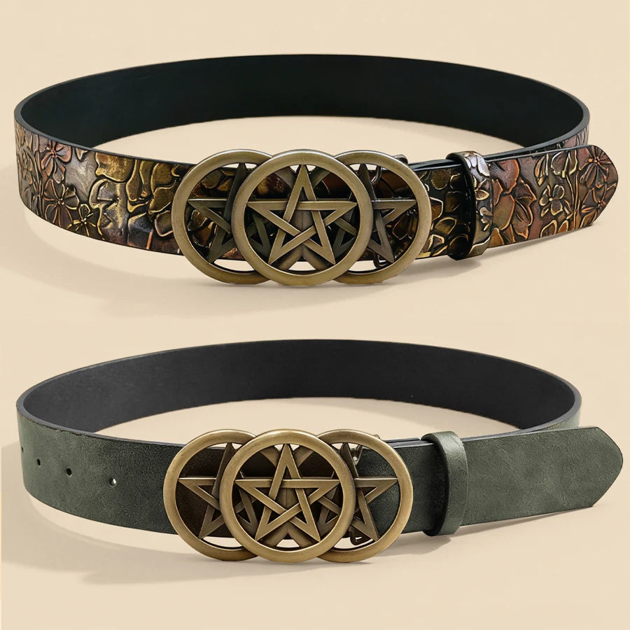 Gothic Pentagram Belt Women Vintage Metal Buckle Two-Tone Embossed Waist Cinch Fashion Accessory