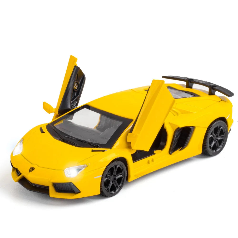 1/32 LP740 Sian Toys Model Car Diecast Alloy Sports Car Metal Body Rubber Tire Doors Opened Sound Light Pull Back Toy Kid Gifts
