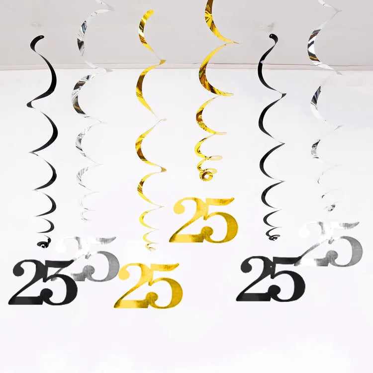 6pcs/set Spiral 18 21 25 30 40 50 60 70 80 90 Years Birthday Swirls Hanging Ornament Birthday Hanging Garland Party Decoration