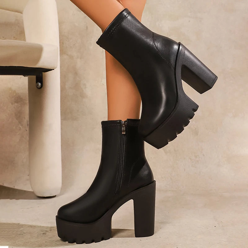 Black Chunky High Heels Boots for Women Plus Size 43 Zipper Thick Heel Ankle Boots Woman 2026 Platform Punk Gothic Botas Mujer