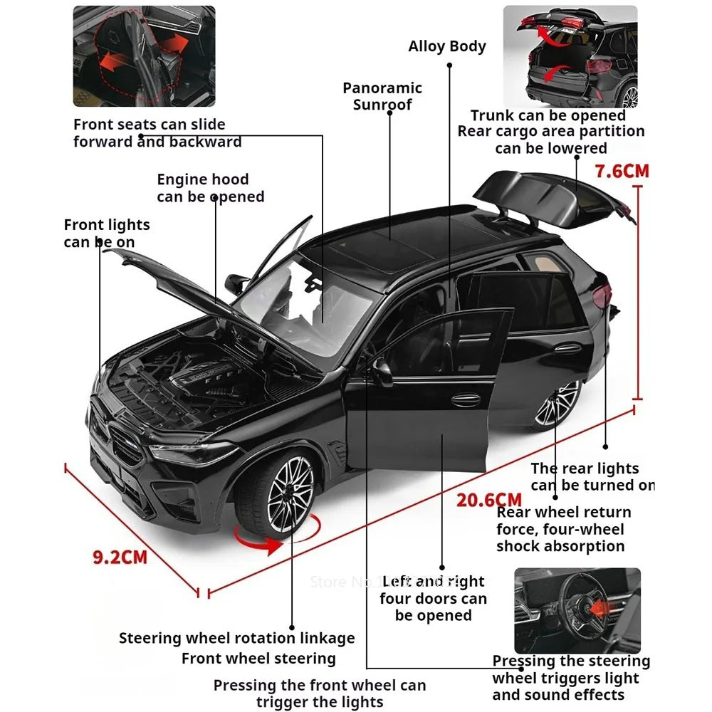 1:24 XT6 X5M Miniature Toy Diecast Alloy Model Car Front Wheel Steering with Sound Light Pull Back Vechie Exquisite Collectibles