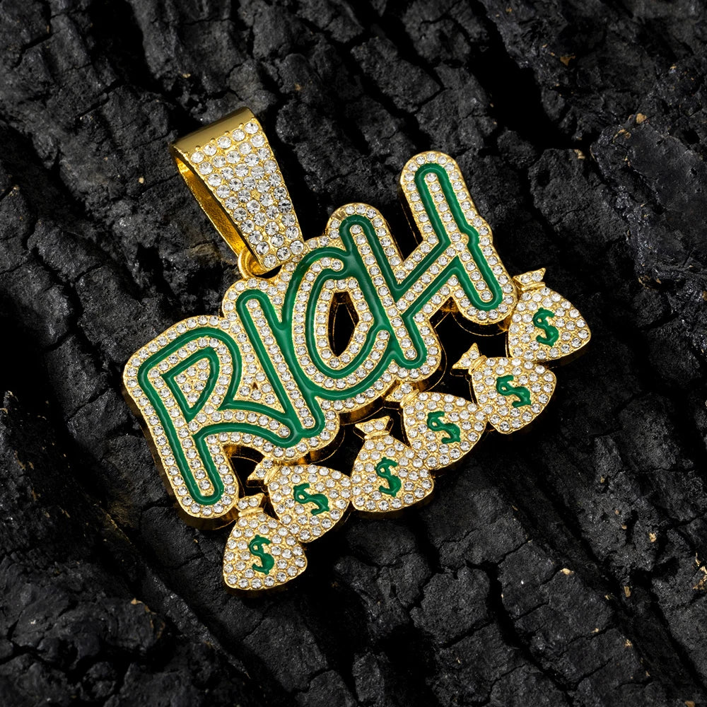 Hip Hop Men Women Become Rich Money Bag Pendant Necklace，With 13mm Miami Cuban Link Chain Necklaces Trendy Dollar Sign Neck Wear